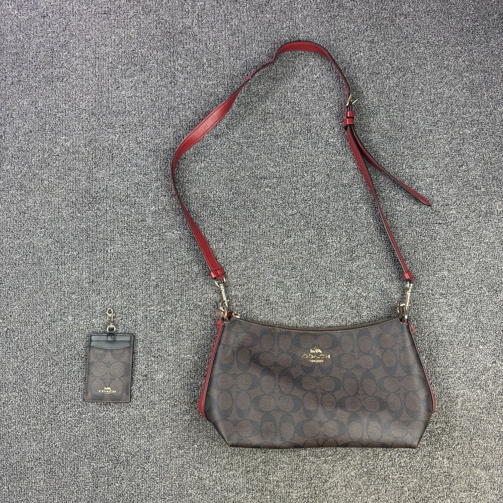 Coach Clara CF377 Signature Canvas Shoulder Crossbody Bag Red + Card Case